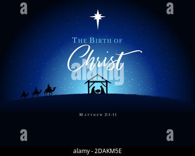 Christmas scene of baby Jesus in the manger with Mary and Joseph in silhouette, surrounded by star and three wise men on camels. Christian Nativity Stock Vector
