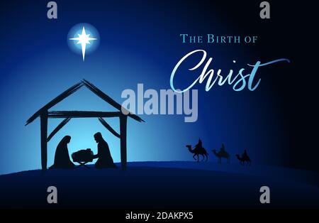 Christmas scene of baby Jesus in the manger with Mary and Joseph in silhouette, Bethlehem star and three kings on camels. Christian Nativity with text Stock Vector