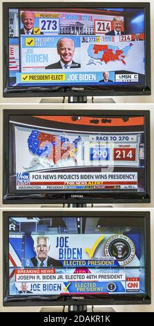 TV cable television screen monitor 2020 US presidential election results,Joe Biden Donald Trump votes electoral college popular vote count,MSNBC CNN F Stock Photo