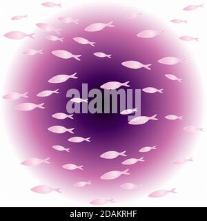 a flock of pink fish on a round gradient seamless pattern Stock Vector