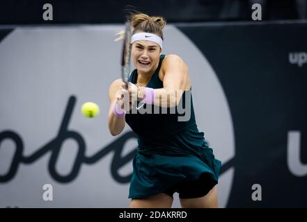 Aryna Sabalenka of Belarus in action against Stefanie Voegele of Switzerland during the second round at the 2020 Upper Austria Lad / LM Stock Photo