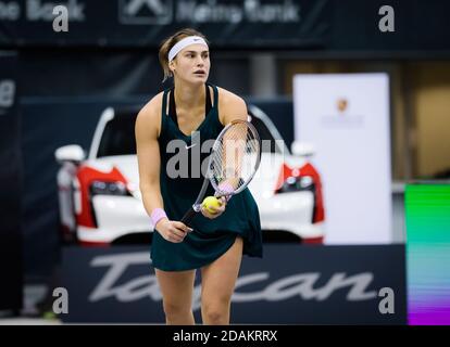 Aryna Sabalenka of Belarus in action against Stefanie Voegele of Switzerland during the second round at the 2020 Upper Austria Lad / LM Stock Photo