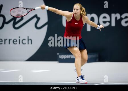 Stefanie Voegele of Switzerland in action against Aryna Sabalenka of Belarus during the second round at the 2020 Upper Austria Lad / LM Stock Photo