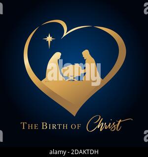 Christmas scene of baby Jesus in the manger with Mary and Joseph silhouette in golden heart Christian Nativity with gold lettering The Birth of Christ Stock Vector