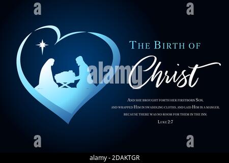 Christmas scene of baby Jesus in the manger with Mary and Joseph silhouette in heart. Christian Nativity with lettering The Birth of Christ and Bible Stock Vector