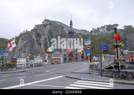 Dinant, Belgium - October 13 2020 : The streets of beautidul city of Dinant home of Adolphe Sax, inventor of the saxophone. Stock Photo