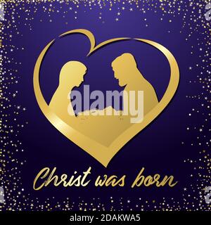 Christmas scene of baby Jesus in the manger with Mary and Joseph in heart. Christian Nativity with lettering brushing text Christ was born. Square ban Stock Vector