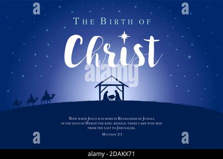 Merry Christmas, birth of Christ banner. Nativity scene of baby Jesus in the manger with Mary and Joseph in silhouette, surrounded by star, three wise Stock Vector