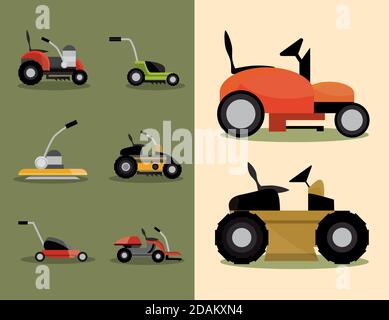 gardening lawn mower machinery icons set vector illustration Stock Vector