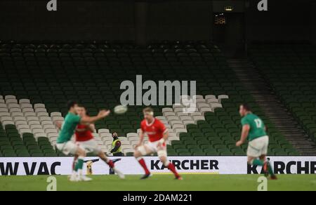 Empty seats in the stands during the Autumn Nations Cup match at the Aviva Stadium, Dublin. Stock Photo