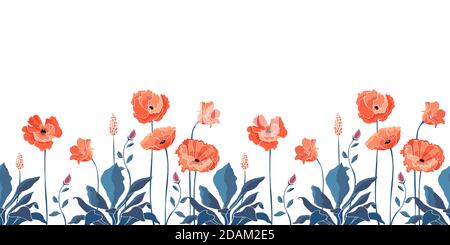 Vector floral seamless border. California poppy flowers, Eschscholtzia. Stock Vector