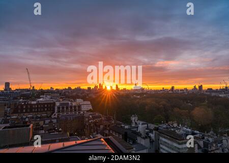 Stunning London city sunrise aerial view