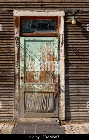 Door at the former Fort Klamath Hotel; Klamath County, Southern Oregon. Stock Photo