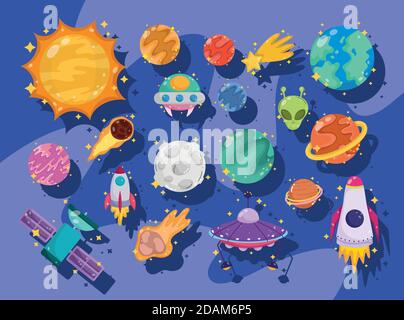 space galaxy astronomy in cartoon set icons include sun planet alien ufo rocket moon vector illustration Stock Vector