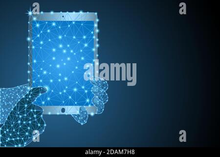 Hands holding tablet low poly wireframe and lights Stock Vector