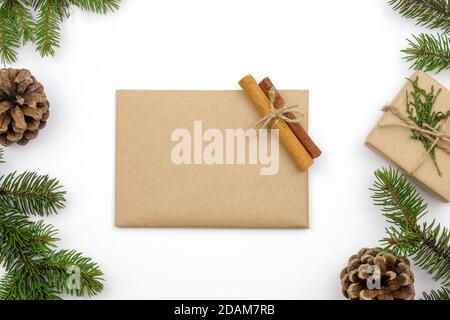 Merry christmas and happy holidays greeting card with copy space. New Year composition top view. Christmas theme with copy space. Stock Photo