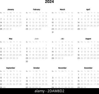 2024 year simple horizontal calendar in english language, typographic ...