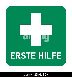 Erste Hilfe ("First Aid" in German) Green and White Icon with Cross and Text. Vector Image. Stock Vector