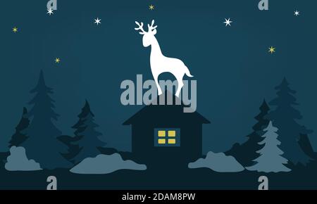 Christmas paper card with a white deer standing on the roof of a house at Christmas in the winter forest at night Stock Vector