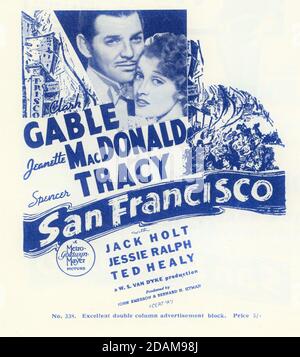 CLARK GABLE and JEANETTE MacDONALD in SAN FRANCISCO 1936 director W.S. VAN DYKE story Robert E. Hopkins screenplay Anita Loos Metro Goldwyn Mayer Stock Photo