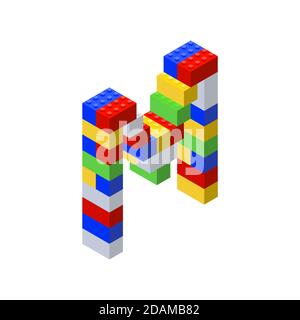 Isometric font made from color plastic blocks. The childrens designer. Letter M. Vector illustration Stock Vector