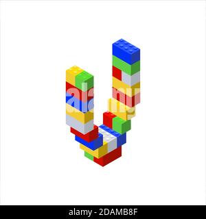 Isometric font made from color plastic blocks. The childrens designer. Letter V. Vector illustration Stock Vector