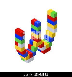 Isometric font made from color plastic blocks. The childrens designer. Letter W. Vector illustration Stock Vector