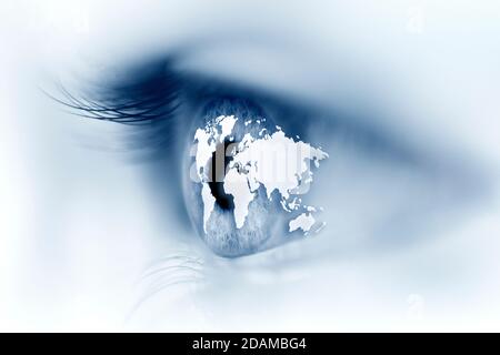 Human eye with world map, illustration. Stock Photo