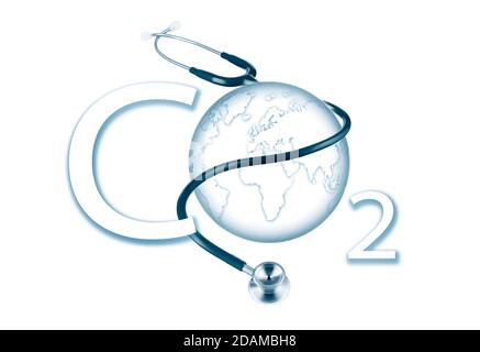 Carbon dioxide with Earth and stethoscope, illustration. Stock Photo