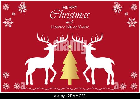 Two reindeer and a golden Christmas tree isolated on red background with snowflakes. Xmas and New Year template. Copy space for text or design Stock Vector