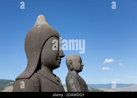 Statues of Vimalamitra (left) and Longchenpa in the Sun and Moon Garden at the Garden of One Thousand Buddhas in Arlee, Montana on July 24, 2020. Foun Stock Photo