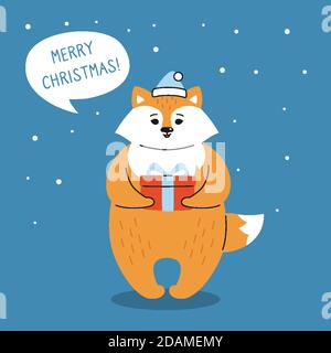 Greeting Christmas card, fox with gift and dialog speech bubble. New year red fox in Santa Claus hat. Hand drawn funny cartoon christmas character. Happy New year, merry Christmas. Animal vector Stock Vector