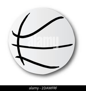 black line hand drawn of basketball ball on cut paper with shadow isolated on white background Stock Vector