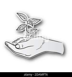 black line hand drawn of plant in hand on cut paper with shadow isolated on white background Stock Vector