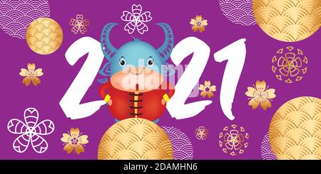 Happy Chinese new year 2021, little ox and chinese the year of the ox zodiac, cute cow Cartoon calendar vector illustration Stock Vector