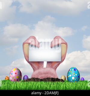 Easter bunny egg hunt blank sign and happy spring holiday as a funny april celebration with decorated eggs on grass. Stock Photo