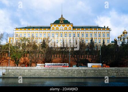 Moscow's Grand Kremlin Palace sits within the Kremlin walls on the banks of the Moscow River. Stock Photo