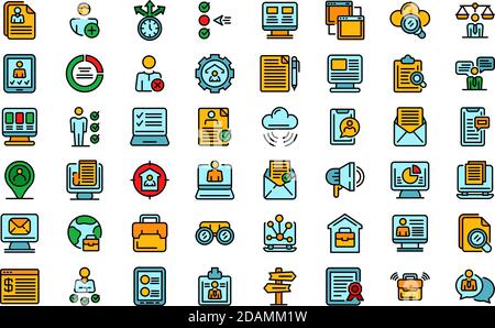 Online job search icons set. Outline set of online job search vector icons thin line color flat on white Stock Vector