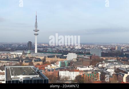 Hamburg cityscape at daytime, Germany. Aerial view with radio telecommunication tower Stock Photo