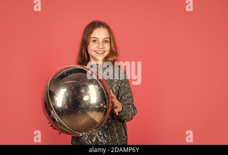 Metallic shining. Birthday girl. Happy child celebrate birthday. Small kid hold air balloon. Birthday anniversary celebration. Birthday party copy space. Shine bright like diamond. Silver decor. Stock Photo