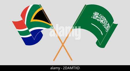 Crossed and waving flags of South Africa and the Kingdom of Saudi Arabia. Vector illustration Stock Vector