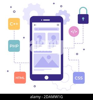 Illustrated app development concept with programming languages Vector illustration Stock Vector