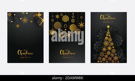 Concept of Merry Christmas and Happy New Year posters set. Design templates on dark background with black and gold snowflakes for celebration and Stock Vector