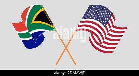Crossed and waving flags of South Africa and the USA. Vector illustration Stock Vector