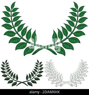 Laurel wreath vector design, two laurel branches making a semicircle in three different styles. All on white background. Stock Vector