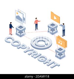 Isometric copyright concept with men Vector illustration Stock Vector