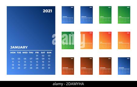Desk Calendar 2021. Simple Colorful Gradient minimal elegant desk calendar template in white background Stock Vector