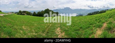 Panorama view over the Traunsee, seen from the Gmundnerberg Stock Photo