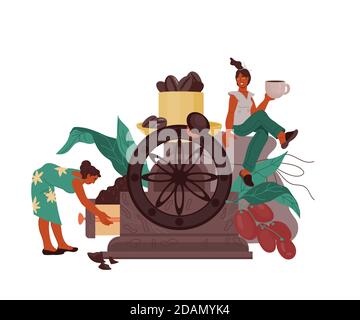 Coffee banner with women grinding coffee beans, carton vector illustration isolated. Stock Vector