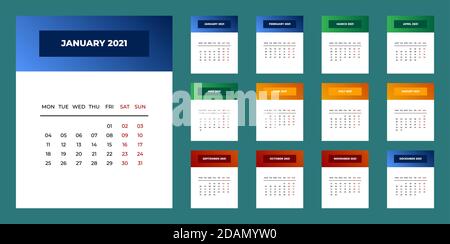 Calendar 2021 template planner Vector new year calender in clean minimal table simple style. Holiday event planner,Week Starts Monday.12 month annual Stock Vector
